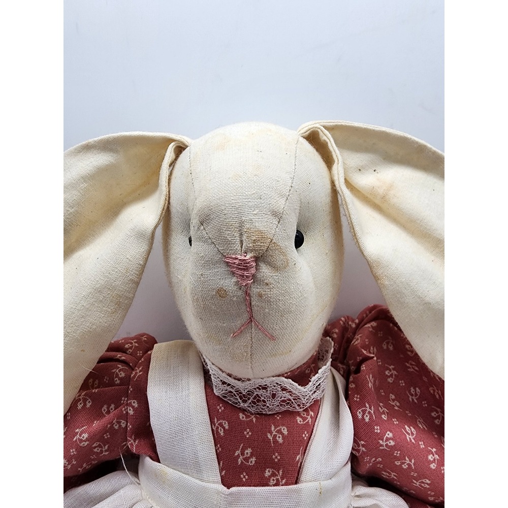 Vintage Handmade Primitive Rag Doll Bunny Rabbit Red Floral Dress Lace Trim 20in - Picture 2 of 9